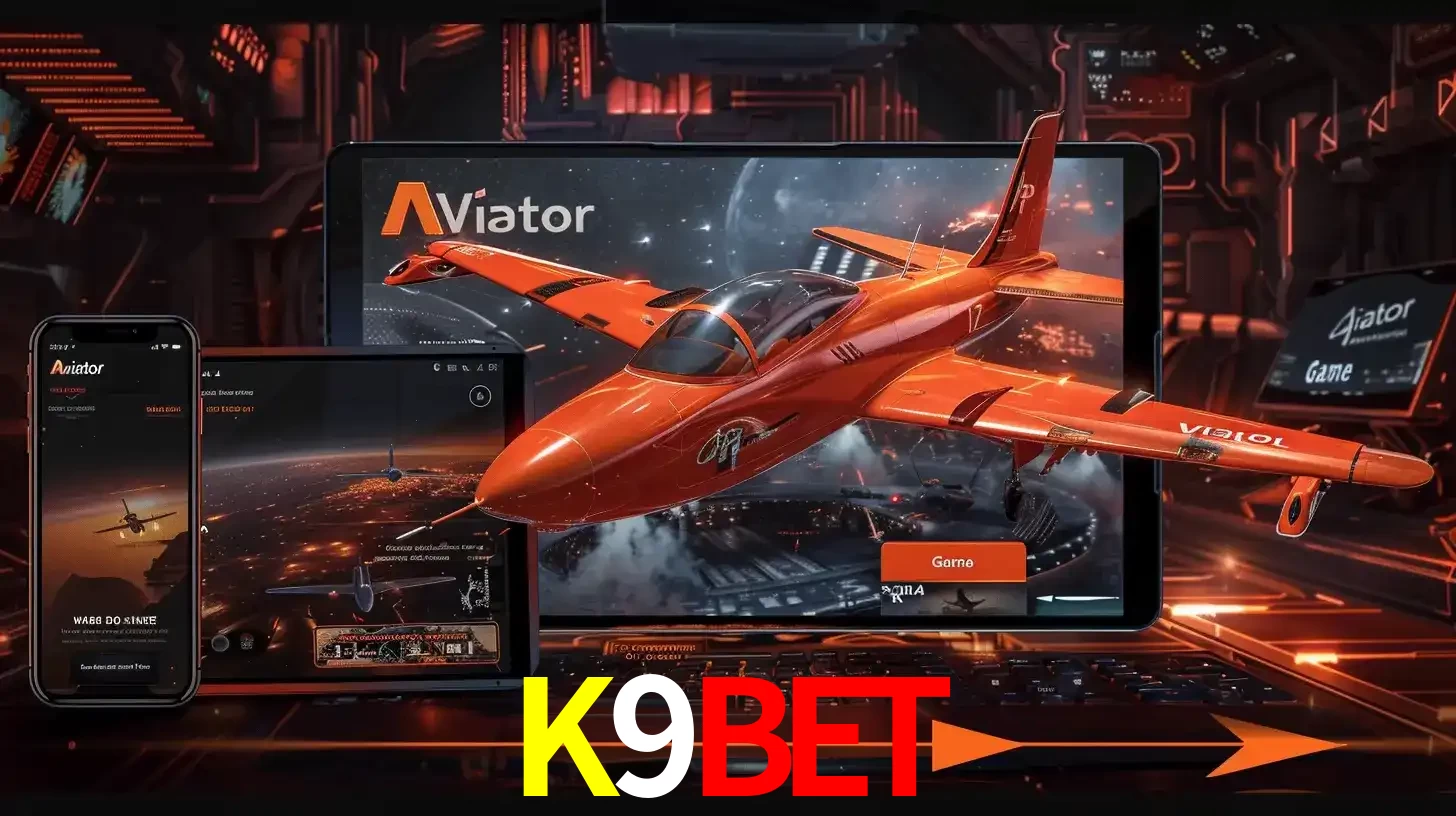 Apresentação tecnológica do jogo Aviator com um avião saindo da tela de um tablet, demonstrando a experiência imersiva em múltiplos dispositivos no K9BET.