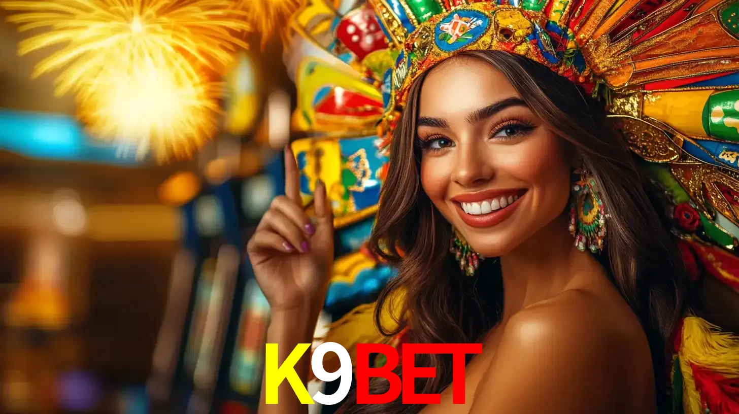 Mulher sorridente com um cocar de carnaval vibrante e colorido, celebrando uma grande vitória nos jogos do cassino K9BET com fogos de artifício ao fundo.