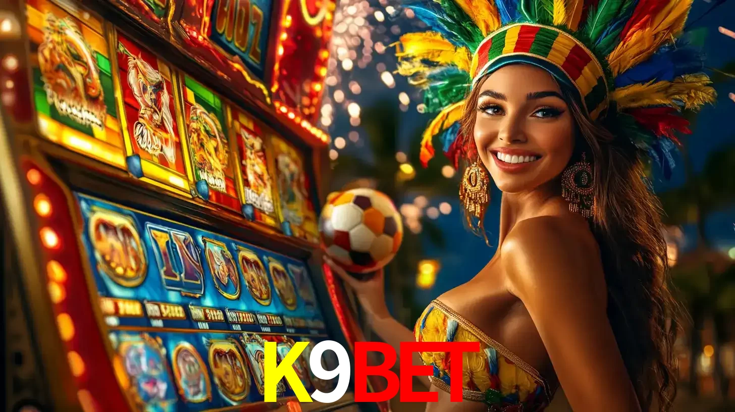Mulher com um cocar de carnaval ao lado de uma máquina de caça-níqueis enquanto segura uma bola de futebol, mostrando a união da diversão de cassino e esportes no K9BET.