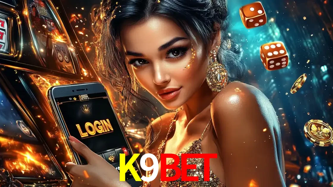Mulher glamourosa segurando um celular com a tela de login do cassino K9BET, rodeada por dados e moedas douradas, pronta para começar a diversão.