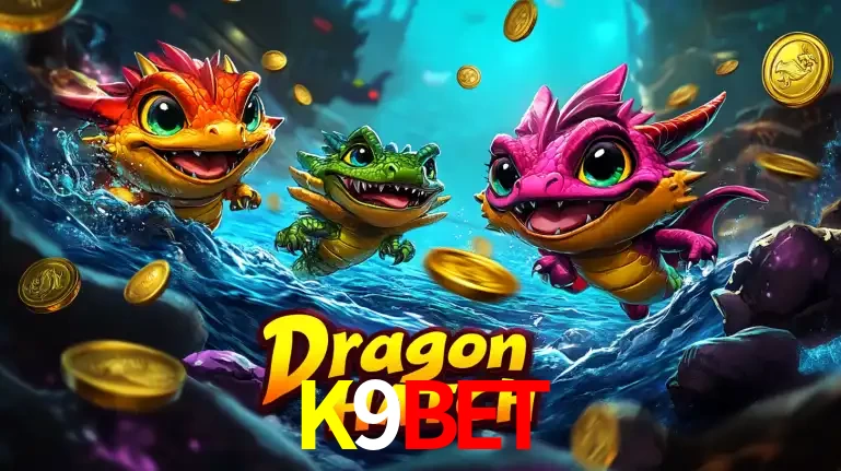 Arte promocional do jogo Dragon Hatch com três adoráveis dragões bebês nadando entre moedas de ouro, um dos slots mais divertidos para jogar no cassino K9BET.