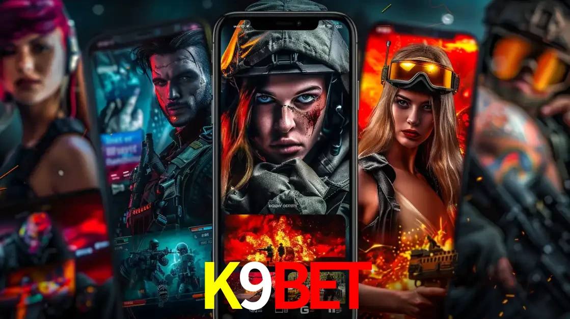 Montagem de telas de celular mostrando diversos personagens, masculinos e femininos, de um jogo de tiro, ilustrando a diversidade de equipes de e-sports para apostar no K9BET.