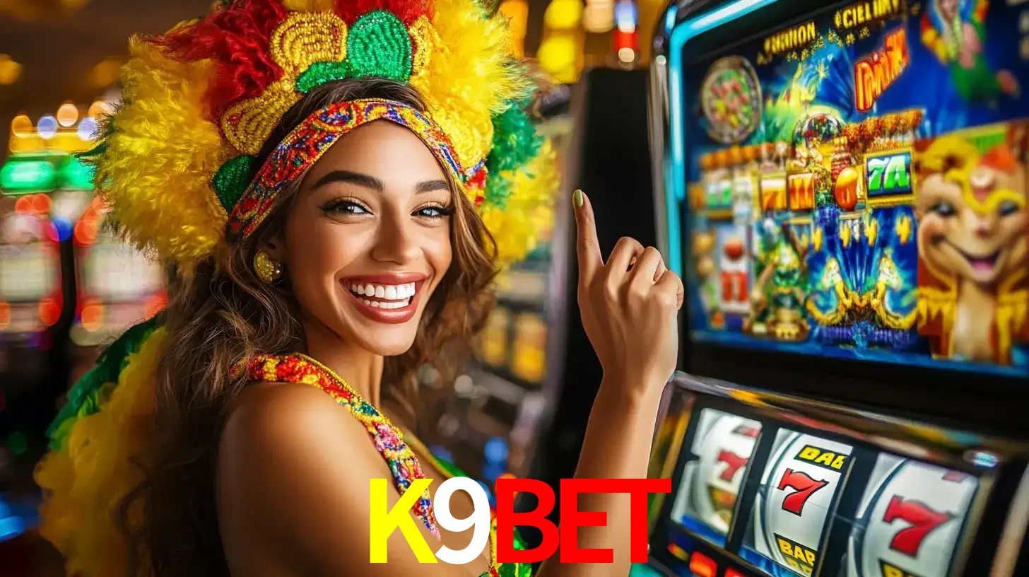 Mulher animada com um cocar de carnaval apontando para uma máquina de caça-níqueis, mostrando a emoção de ganhar um grande prêmio nos jogos do K9BET.
