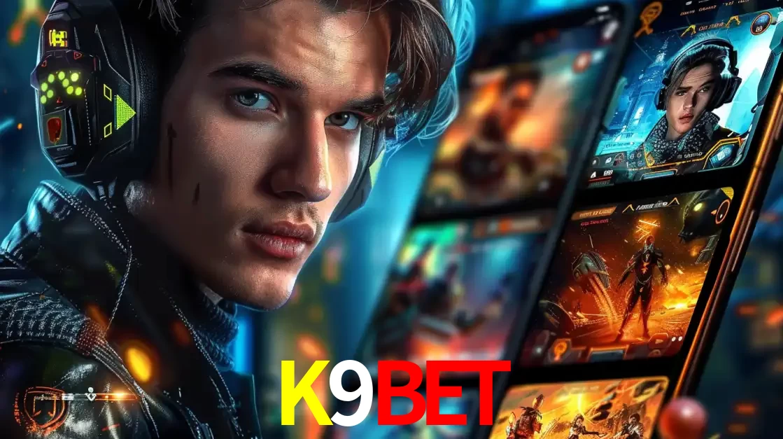 Jovem jogador com fones de ouvido olhando para a câmera, com um aplicativo de jogos e e-sports para celular ao fundo, pronto para a competição e apostas no K9BET.