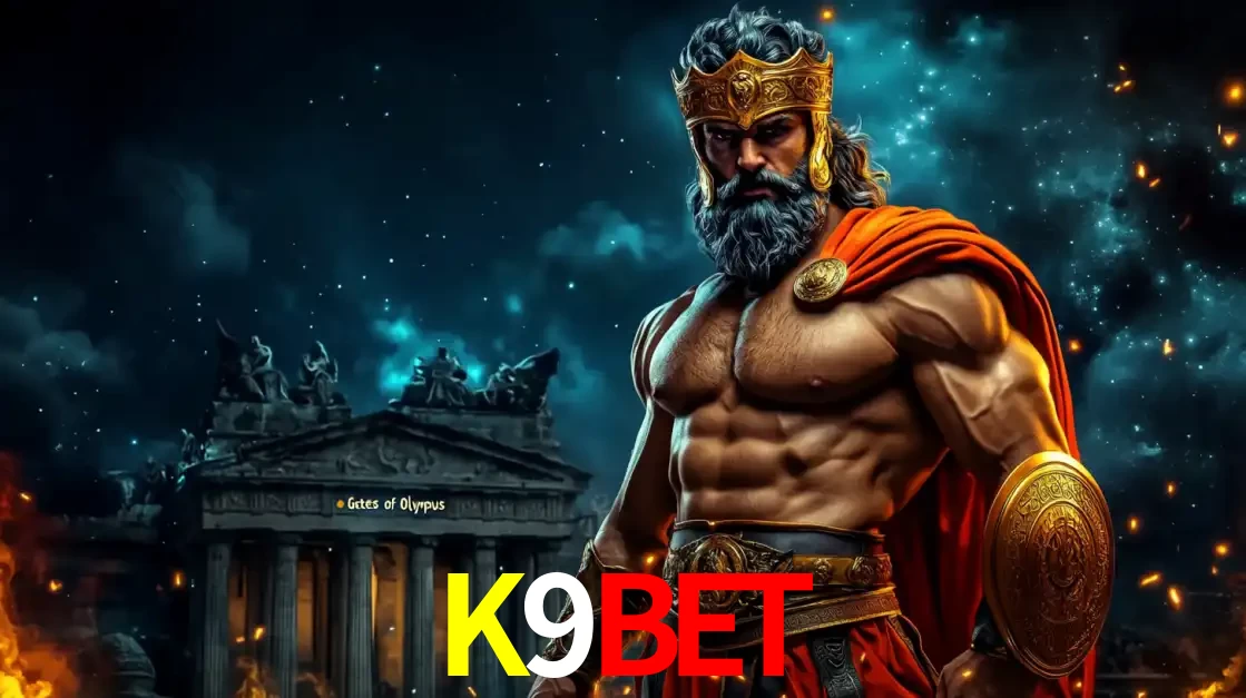 O poderoso Zeus do jogo de slot Gates of Olympus em frente ao seu templo, pronto para lançar multiplicadores divinos e prêmios épicos no cassino online K9BET.