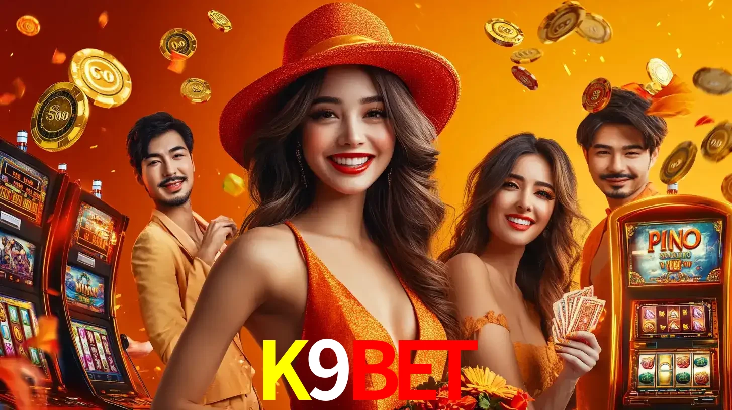 Grupo de amigos asiáticos sorrindo e se divertindo com máquinas de caça-níqueis em um ambiente festivo, celebrando suas vitórias nos jogos de cassino do K9BET.