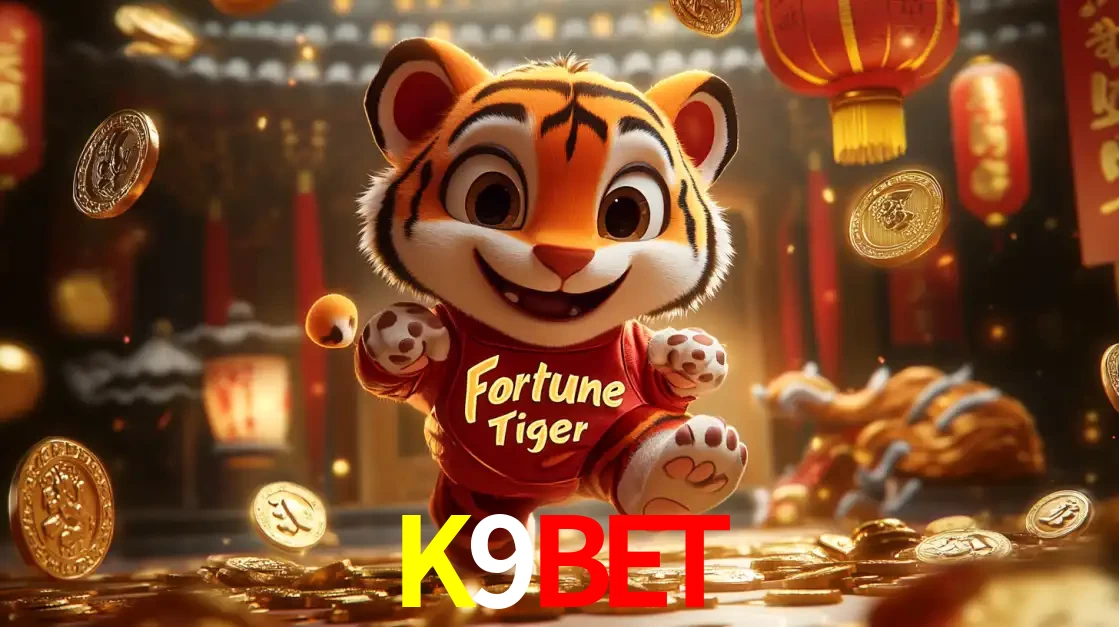 O alegre personagem do Fortune Tiger correndo sobre um caminho de moedas de ouro, simbolizando os grandes prêmios e a diversão do popular jogo de slot do K9BET.