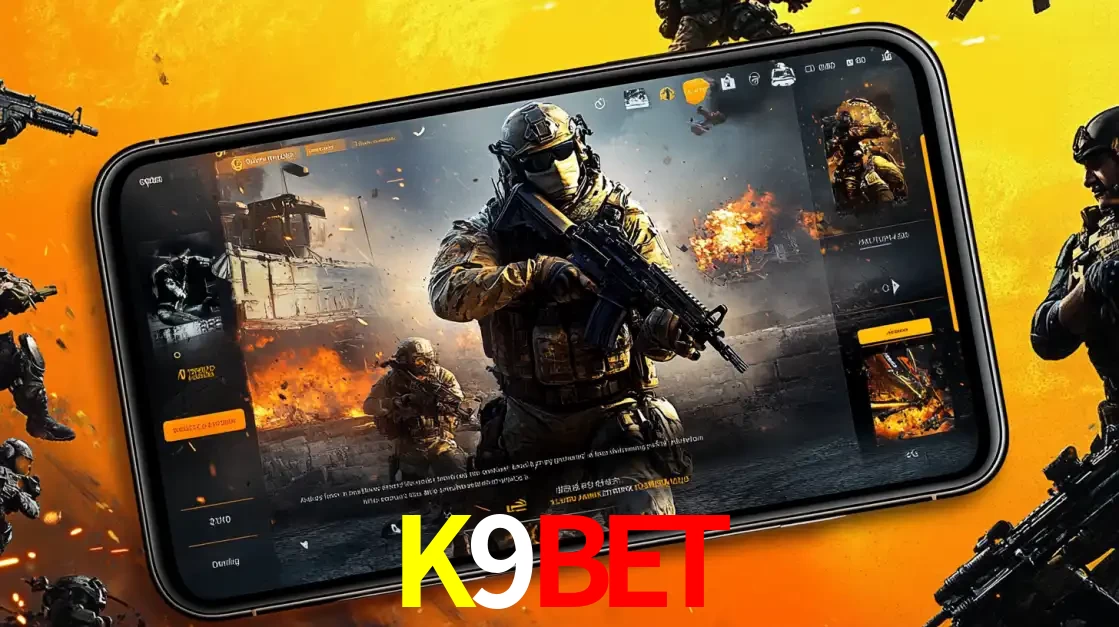 Um smartphone exibindo a interface de um jogo de tiro em primeira pessoa, com um soldado em um cenário de batalha, representando a ação dos e-sports para apostar no K9BET.