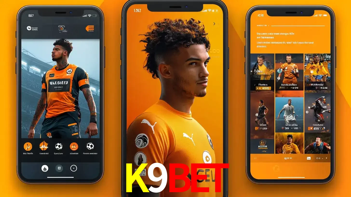 Interface do aplicativo de apostas esportivas K9BET em três telas de celular, mostrando o perfil de um jogador de futebol e a lista de jogos disponíveis para apostar.