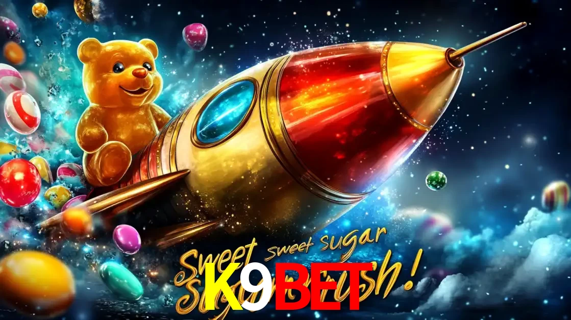 Arte promocional do jogo de slot Sugar Rush, com um urso de pelúcia em um foguete viajando pelo espaço de doces, um dos jogos divertidos disponíveis no cassino K9BET.