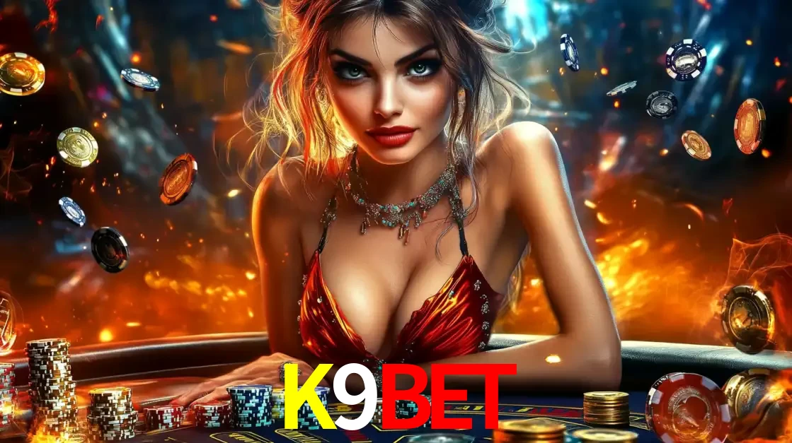 Mulher em uma mesa de cassino com pilhas de fichas e um fundo de fogo, pronta para uma rodada de altas apostas nos jogos de mesa emocionantes do cassino K9BET.