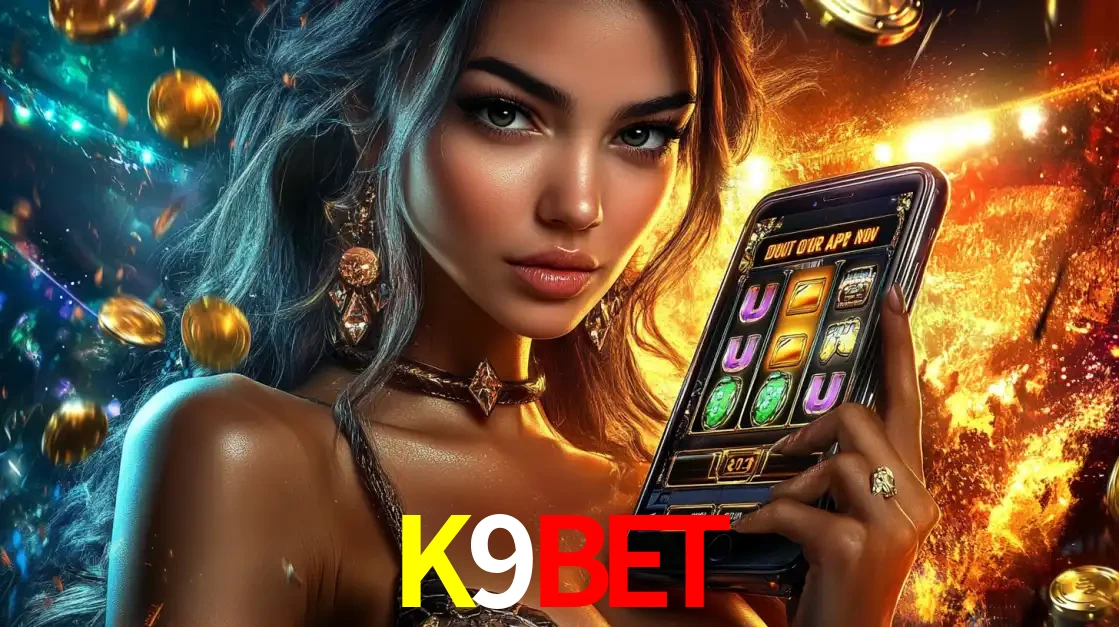 Mulher elegante mostrando um jogo de caça-níqueis em seu smartphone, destacando a experiência de cassino móvel oferecida pelo aplicativo K9BET.
