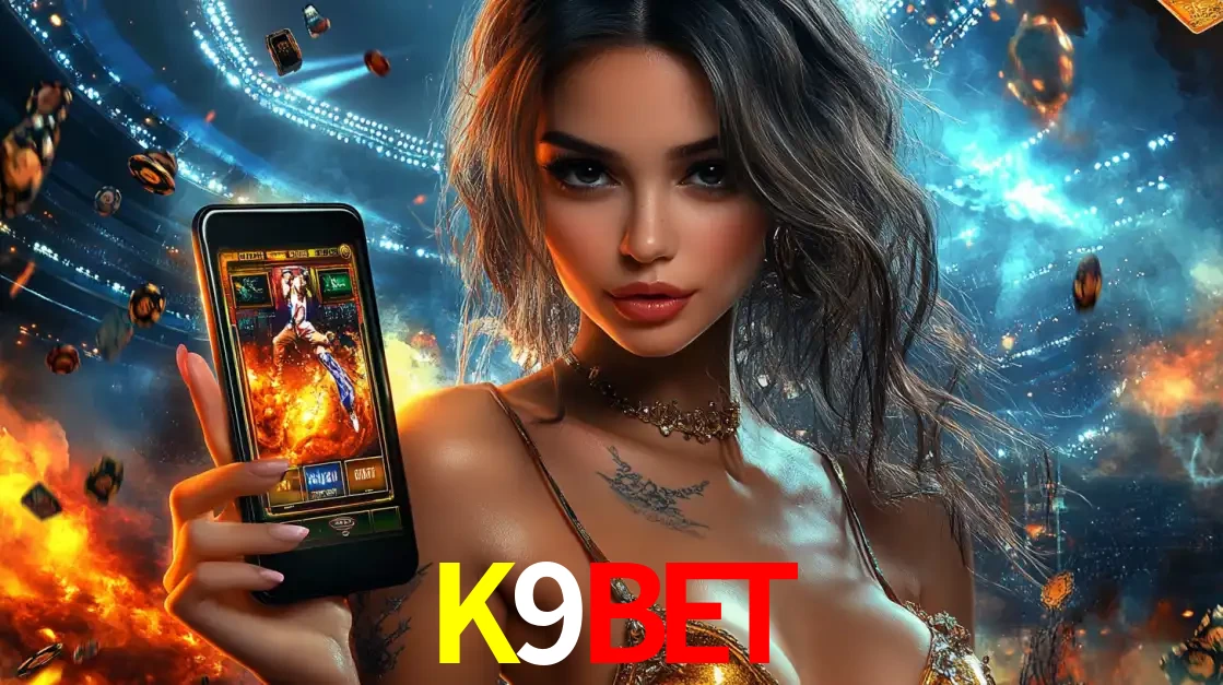 Mulher segurando um celular com um jogo de slot em destaque, tendo como fundo um estádio vibrante, simbolizando a emoção de jogar no cassino móvel K9BET.