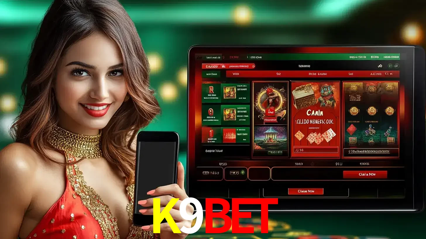 Mulher sorridente segurando um smartphone, ao lado de uma tela exibindo o lobby de jogos do cassino online K9BET, com várias opções de jogos de cartas e slots.